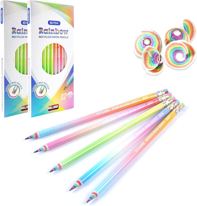 ECOTREE Pre-sharpened Pencils #2 Eco Rainbow Paper Pencil Cute Pencils for Kids Number 2 Pencil with Erasers for School, Writing, 24 Count - Image 1